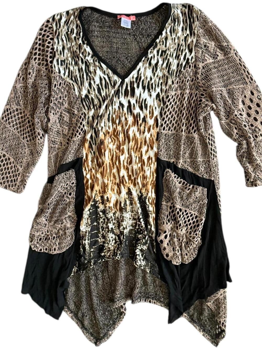 Simply Aster Mixed Animal Print Mesh Patchwork Cardigan Top M Boho Chic